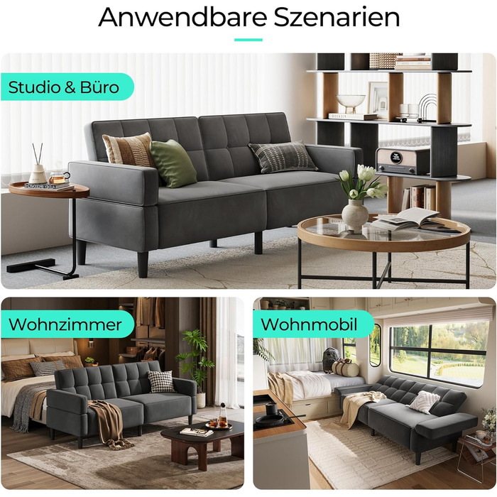 Диван LINSY HOME з функцією сну, розкладний диван з регульованою спинкою та підлокітниками, 3-місний диван з функцією ліжка з оксамитової тканини, спальна зона 230 x 100 см, ідеально підходить для вітальні (сірий)