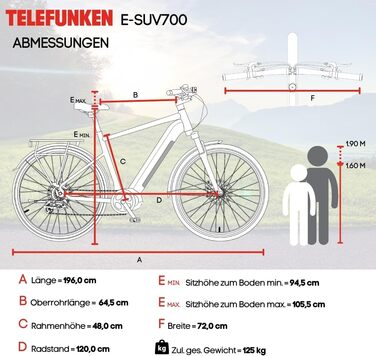 Електричний велосипед TELEFUNKEN E-Bike для чоловіків та жінок Міський педальний велосипед позашляховика з двигуном середнього розташування та літій-іонним акумулятором 720 Втгод Перемикач швидкостей Гідравлічні дискові гальма Світлодіодне освітлення Коле