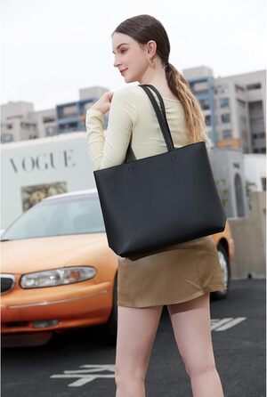 Жіночі сумки з ручкою, прості сумки PU шкіряні сумки для роботи, школи, шопінгу на блискавці та внутрішньою кишенею чорні