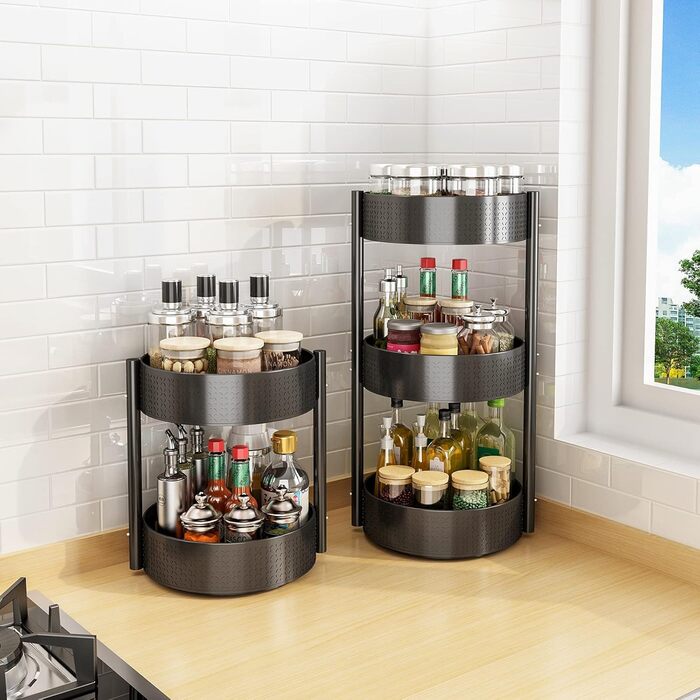 Обертова підставка для спецій, поворотний органайзер, чорний, кухонна полиця з вуглецевої сталі, карусель для спецій Lazy Susan, кухонний органайзер, підставка для спецій для банок та пляшок зі спеціями, 2 яруси