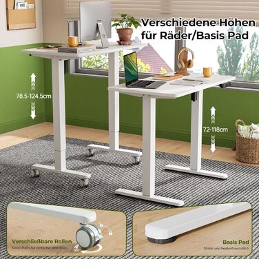 Стіл з регульованою висотою 88 x 50 см, цільна стільниця, електричний стіл з 4 колесами для роботи сидячи та стоячи, невеликий комп&39ютерний стіл для домашнього офісу, білий, ДСП, 88 x 50 см