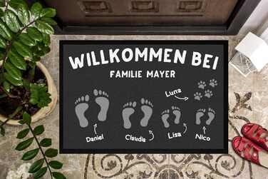 Килимок для дверей з іменем родини та індивідуальними відбитками ніг, нековзний та миється, білий, 60x40 см, відбитки ніг 1, білий