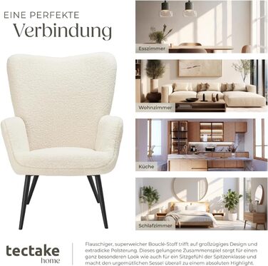 Крісло tectake у скандинавському стилі з крилами, крісло Teddy Hygge, крісло з букле для вітальні, спальні, вишукане крісло-гостина, вантажопідйомність до 150 кг без підставки для ніг, букле кремовий/чорний