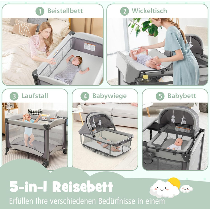Дорожнє ліжечко 5-в-1 для немовлят з матрацом, 110 x 78 см, Ліжечко Side-by-Side з колискою та пеленальний килимок, Повний комплект дитячого ліжка для новонароджених та дітей до 36 місяців (сірий)