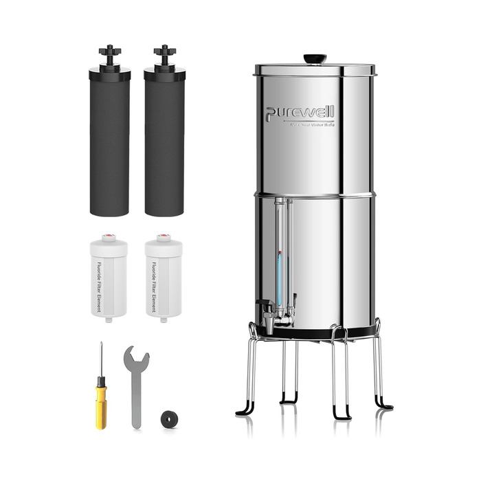 Ступінчаста гравітаційна система ультрафільтрації Purewell зі скляним індикатором рівня води, система стільниці з нержавіючої сталі 304 з 4 елементами та кронштейнами, зменшує вміст фтору та хлору 5,7 літра, 6-