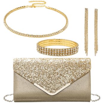 Жіноча сумочка з блискітками та блискітками, вечірня/весільна сумочка, гаманець, весільні прикраси, на випускний вечір, вечірку, сумка через плече, елегантна, набір з 4 предметів із золотом