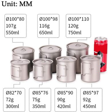 Надлегкий титановий портативний набір із 2 чашок для кемпінгу та пікніка 450 мл 750 мл зі складною ручкою, титанова кружка для кемпінгу