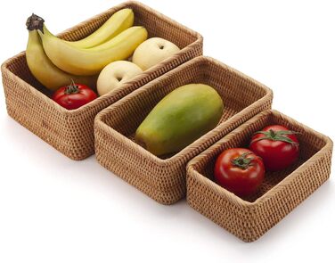 Кошик для зберігання з ротанга, коробка для зберігання з натурального тканого матеріалу, декоративний плетений кошик для кухні, ванної кімнати (прямокутний, 3 шт.)