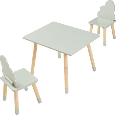 Дитячий стіл з 2 стільцями Ігровий стіл Hovle Дитячі стільці зі спинкою у формі хмари Дитяча група сидінь Дитячі меблі Дитячий стіл для малювання Дерев&39яний М&39ятно-зелений