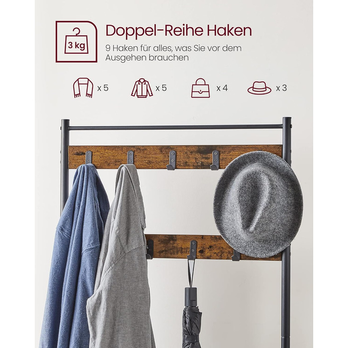 Вішалка для одягу, Вішалка для одягу з полицями для взуття, Вішалка для взуття із сидінням, для передпокою, з гачками, 3 полиці, Метал, Висота 177 см, Промисловий дизайн, Вінтажний коричнево-чорний HSR41BX 70 x 177 см Вінтажний коричневий чорний