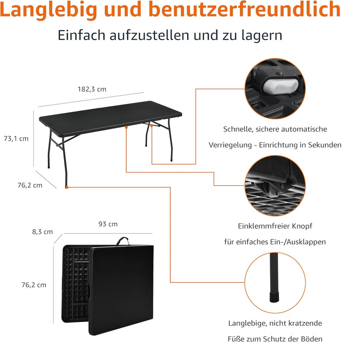 Розкладний стіл Storeo Basics, прямокутний, з ручкою для перенесення, для використання в приміщенні та на вулиці, портативний, легкий, дорожній стіл, для пікніка, кемпінгу, чорний, 182 x 75 x 73 см (183 см) чорного кольору
