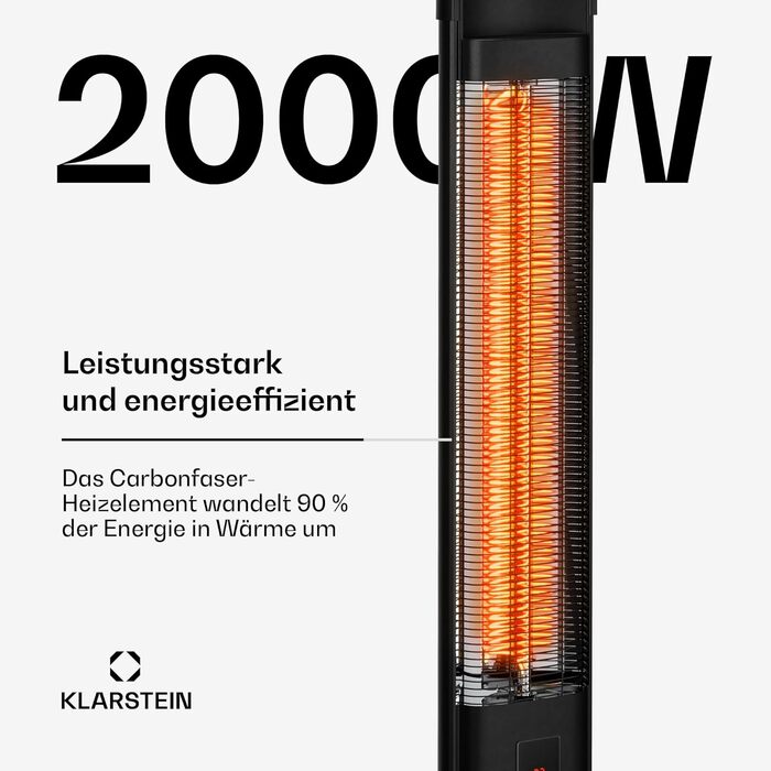 Інфрачервоний обігрівач Klarstein BlazeTower, окремостоячий пристрій - 2000 Вт, 3 режими нагріву, IP45, захист від перекидання, таймер, пульт дистанційного керування та сенсорний екран, тихий, портативний, для використання на вулиці