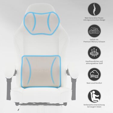 Ергономічне ігрове крісло PixelPilot Дихаюча тканина Крісло з підставкою для ніг, підголівником та поперековою опорою, ігрове ПК-крісло Широке сидіння Офісне крісло вантажопідйомністю 150 кг (Nebula, білий) White Nebula