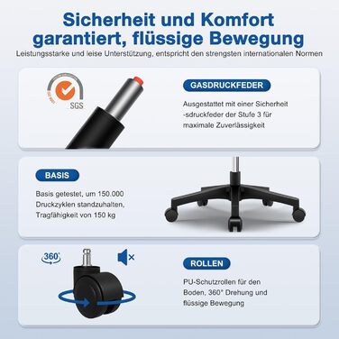 Офісне крісло, ергономічне офісне крісло з регульованим підголівником, підлокітниками та поперековою опорою, обертове робоче крісло з функцією гойдання до 135, крісло керівника, зручне для спини, вантажопідйомність 150 кг, чорний колір, модель I