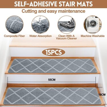 Килимки для сходів, 15 шт. , самоклеючі, для внутрішнього використання, 55 см x 19 см, протиковзкі, можна різати, для захисту домашніх тварин, людей похилого віку та дітей (світло-сірі)