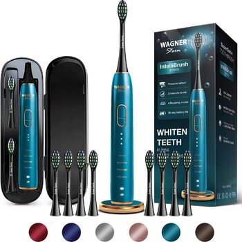 Відбілююча електрична зубна щітка Wagner Stern IntelliBrush Series із датчиком тиску пропонує 4 режими чищення, 3 інтенсивності, 8 мяких насадок для щітки та розкішний дорожній футляр