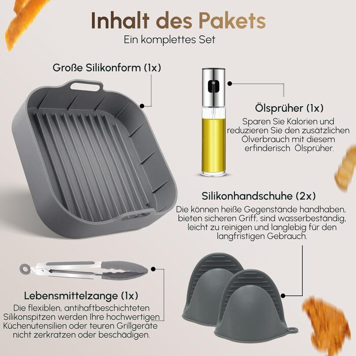 Аксесуари для фритюрниці Beavel 4 шт. - Аерофритюрниця з силіконовою формою масляний спрей рукавички для духовки кухонні щипці - Силіконова форма для фритюрниці сумісна з Ninja, Cecotec і COSORI.