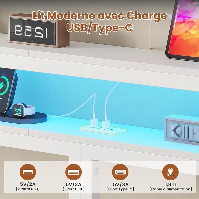 Плаваючий каркас ліжка 140x190 зі світлодіодним освітленням та зарядною станцією, Плаваючий каркас ліжка з узголів&39ям для зберігання, Металеве ліжко з металевою рейковою основою, Гостьове ліжко, Двоспальне ліжко, Дитяче ліжко - без матраца, 140 x 190 см