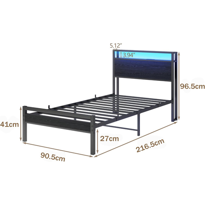 Ліжко HOJINLINERO з металу та дерева, металеве ліжко 90x200 з рейковою основою та функцією заряджання через USB/LED, односпальне ліжко, гостьове ліжко, дитяче ліжко 90x200 з узголів&39ям для зберігання речей, каркас ліжка з місцем для зберігання речей, чо