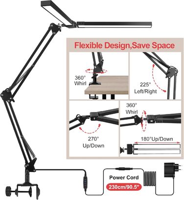 Настільна лампа, світлодіодна настільна лампа, офісна лампа з регулюванням яскравості 24 Вт з 160 світлодіодами, лампа на робочому місці з затискачем, 10 рівнів яскравості, світлодіодна настільна лампа для сучасного читання