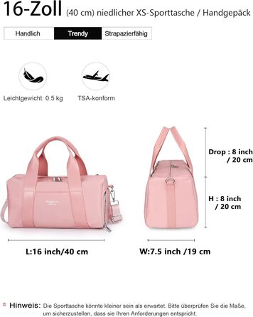 Спортивна сумка 16 дюймів для жінок та дітей, з відділенням для взуття та роздільником для вологих/сухих речей, рожева, малий розмір 16 дюймів