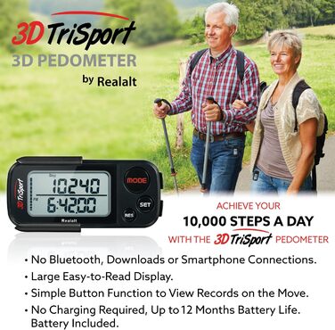 Крокомір Realalt 3DTriSport 3D із затискачем та ремінцем, в комплекті електронна книга 30-денна пам&39ять, точний крокомір, відстань ходьби в милях/км, лічильник калорій, щоденне відстеження часу тренувань (чорний)