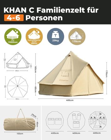 Намет для глемпінгу KingCamp, намет-дзвін для 6-12 осіб, 4-6,7 м, чиста бавовна/TC бавовна, водонепроникний, сімейний намет для відпочинку на природі з ПВХ-підкладкою, фестивальний намет для сімей та кемпінгових груп KHAN 4M T/C 210g Base Camp