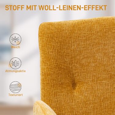 Обертове крісло HOMCOM, крісло для відпочинку з підлокітниками, імітація вовни та льону, сучасне м&39яке крісло з ґудзиками, сталеві ніжки, для вітальні, спальні, жовтий