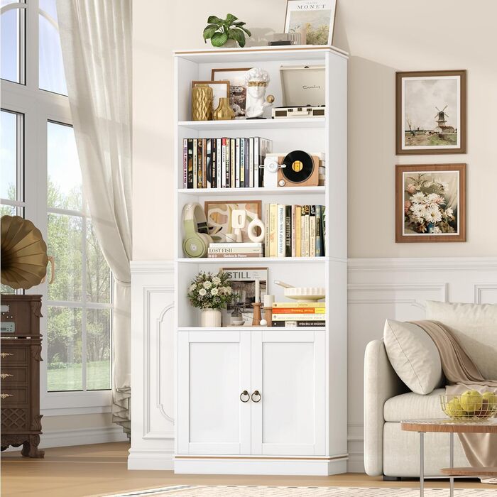 Книжкова полиця HOCSOK заввишки 188 см, окремостояча полиця з 7 полицями, книжкова шафа з натуральною деревною текстурою, полиця для зберігання речей для кабінету, офісу, вітальні, 1886030 см, білий