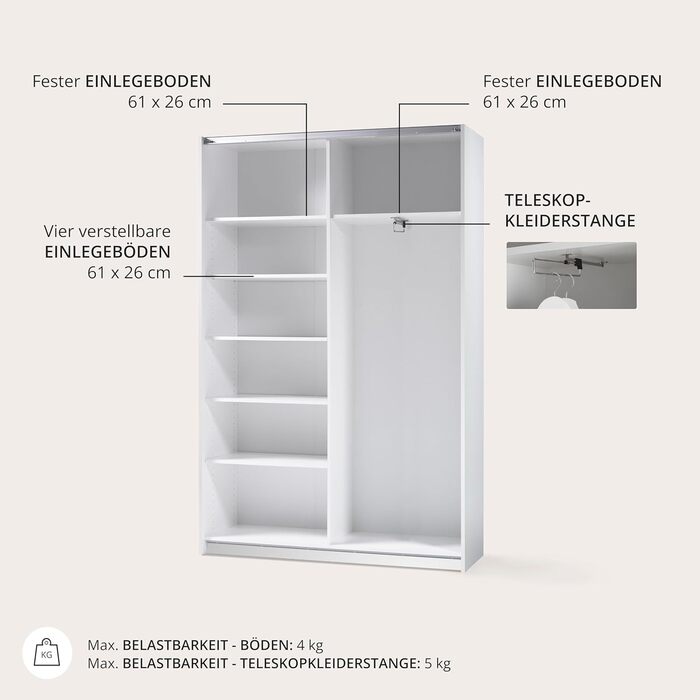 Елегантна шафа/гардеробна з дзеркальними дверима та великою кількістю місця для зберігання - Універсальна шафа з розсувними дверима білого кольору - 125 x 195 x 38 см (Ш/В/Г) Біла з дзеркалом, одинарна