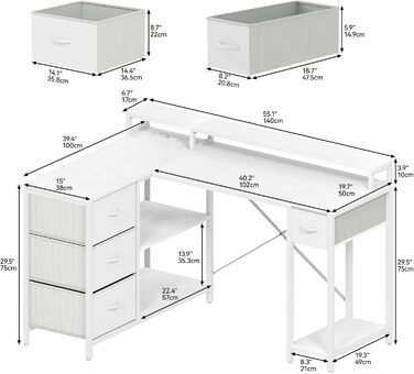 Подібний письмовий стіл із USB-портом для зарядки та розеткою, двосторонній кутовий стіл із 4 шухлядами та полицею, ігровий стіл із підставкою для монітора, 140x100 см, комп&39ютерний стіл для офісу, білий