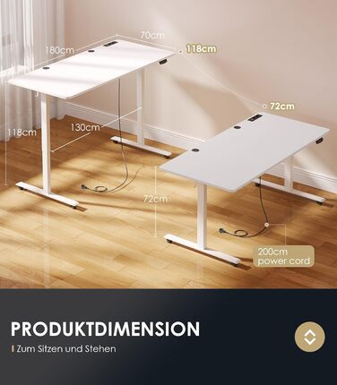 Стіл OffiGo з регульованою висотою, 180 см з електричним регулюванням висоти та USB, стіл для роботи стоячи з 2 функціями пам&39яті, електричний стіл для офісу, для дому, білий 180 см
