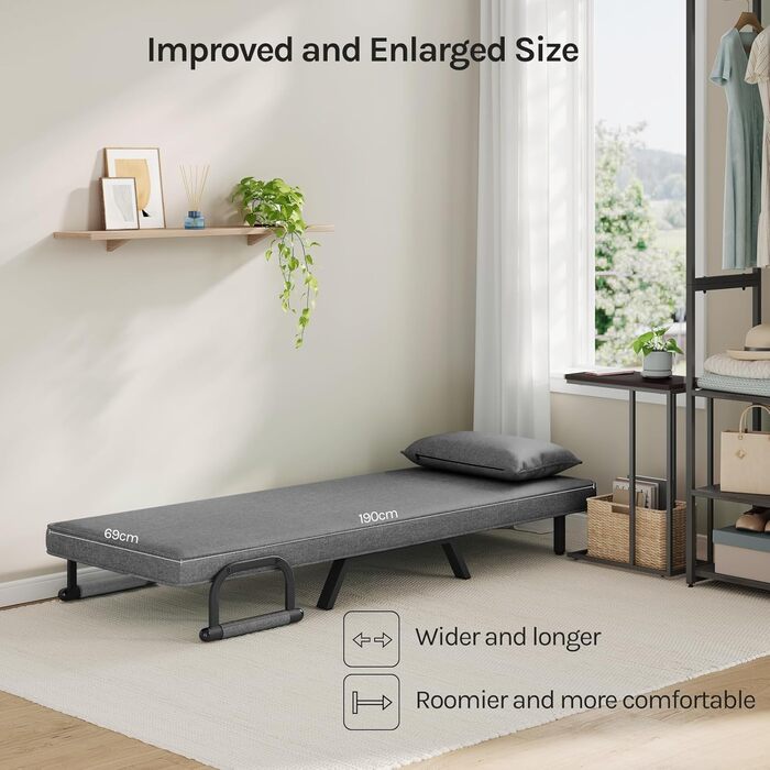 Крісло-ліжко WOLTU 3-в-1 з функцією ліжка, гостьове ліжко, диван-ліжко з функцією ліжка, регульована спинка, вітальня, спальня, балкон, металевий каркас, лляне покриття, 80 x 82 x 74 см, темно-сірий 190x69 см