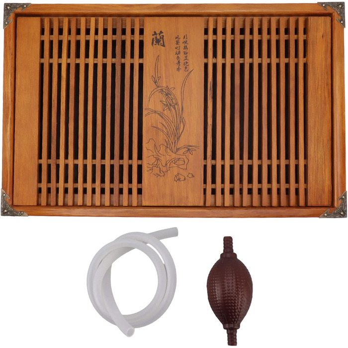 Піднос для чайної церемонії Гунфу, дерев'яний, з великим резервуаром для води та орхідеями, для чайної церемонії Гунфу, 28 x 43 см