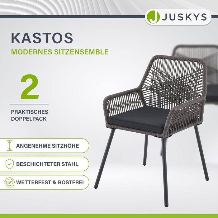 Садові стільці Juskys з мотузкою Kastos Set з 2 шт. - Вуличне крісло з підлокітником і подушкою - Садовий стілець 150 кг навантаження - Сад Балкон - Стільці сірі