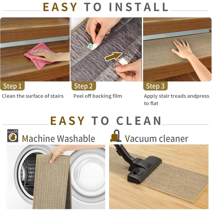 Нековзні килимки для сходів для дерев&39яних сходів у приміщенні, 22,9 x 91,4 см, 8 шт. , надзвичайно широкі сходинки, килим, доріжка для сходів, подушки для сходів з багаторазовим клеєм, для собак, 9 x 36 дюймів, бежевий 8