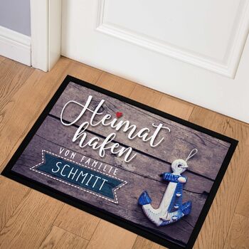 Персоналізований килимок для дверей &quotHome Port&quot з прізвищем, мотивом якоря, морським декором, нековзний та миється, чорний, 60x40 см, &quotHome Port&quot коричневий/чорний