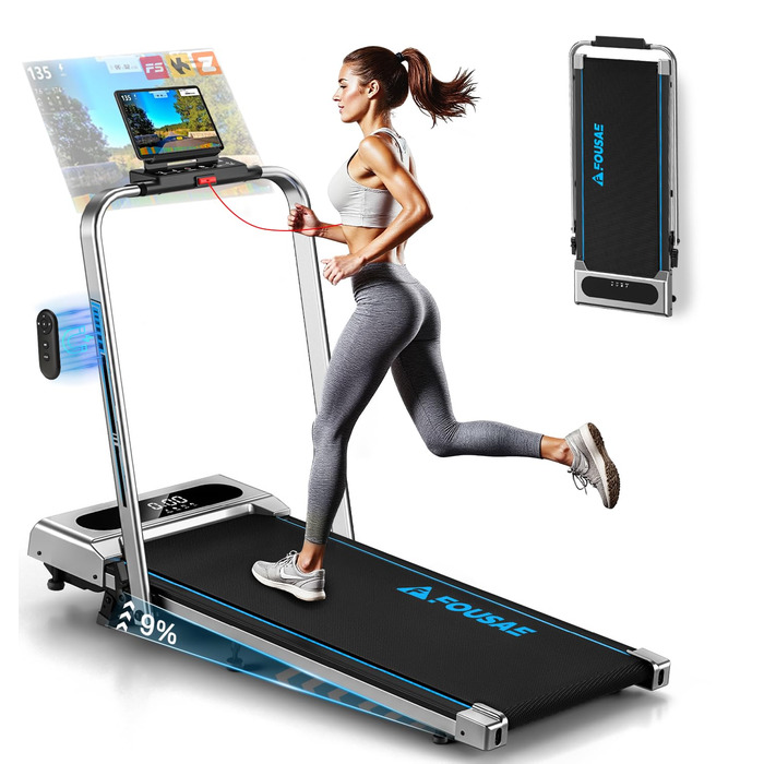 Домашня бігова доріжка, біговий килимок 5-в-1, складна бігова доріжка 12 км/год з нахилом 9, безщітковий двигун 2,75 к.с., ходун зі світлодіодним дисплеєм, сумісність із додатками, 12 програм, подвійний режим роботи, сріблясто-синій