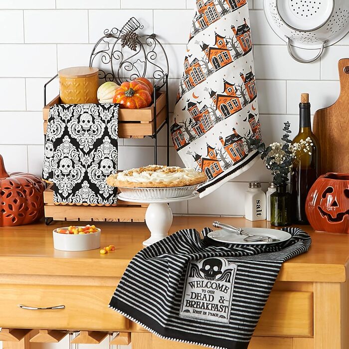 Колекція чайних рушників DII Happy Halloween, оздоблена бавовна, набір кухонних рушників, 45,7 х 71,1 см, дамаск з черепом/будинок