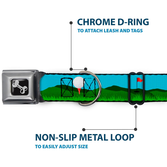 Нашийник для собак Buckle Down з надійною застібкою-пряжкою, дизайн Гольф (м'ячики/лунки), синьо-зелений, ширина 2.5 см - підходить для обхвату шиї 38-66 см - розмір L