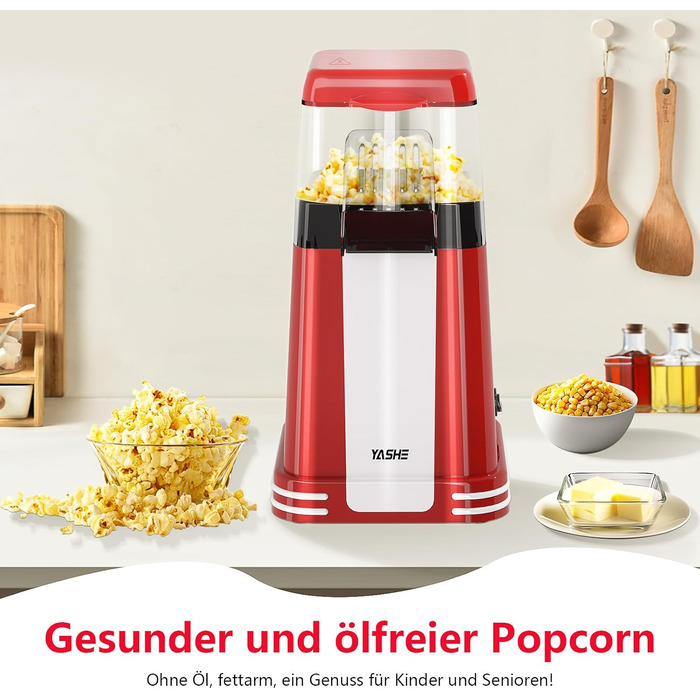 Машина для приготування попкорну YASHE Retro, машина для приготування попкорну з гарячим повітрям потужністю 1200 Вт з мірним стаканчиком, одним дотиком, без олії, ідеально підходить для домашнього кінотеатру, вечорів кіно, вечірок