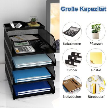 Лоток для документів PUNCIA A4, лоток для листів з 4 металевими відділеннями, органайзер для файлів, лоток для паперу, система для зберігання документів, тримач для документів для офісу, навчання, школи, офісних меблів, чорний, 32 x 25 x 31 см