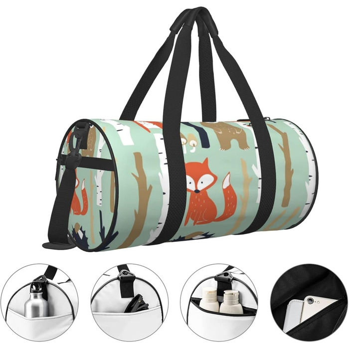 Універсальна дорожня сумка Милі звірятка лисичка, ведмедик, пташка, деревце. Спортивна сумка для чоловіків та жінок, сумка-мішок для пляжу, спортивне спорядження.