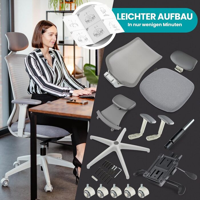 Ергономічне офісне крісло - Переможець тесту - Високо індивідуально регульоване офісне крісло з підголівником та поперековою опорою, 3D підлокітниками та дихаючою сіткою - Офісне крісло 150 кг (світло-сіре) з підголівником світло-сірий / сірий