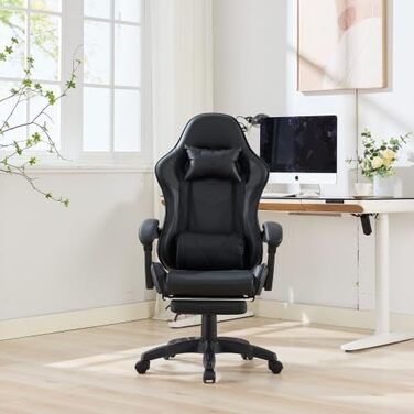 Професійне ігрове крісло ергономічне офісне крісло з регульованою опорою для голови та попереку підставкою для ніг, регулюванням висоти та поворотом на 360, вантажопідйомністю до 150 кг, чорного кольору