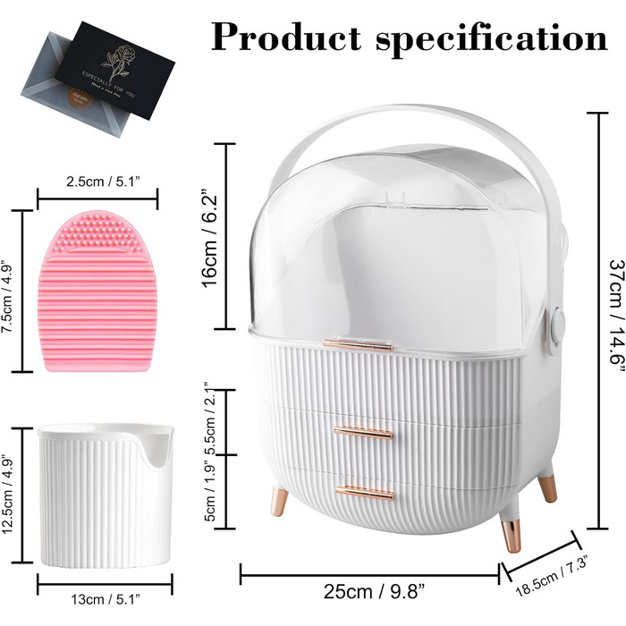 Органайзер для макіяжу UCAMP з посудом для чищення та тримачем для щіток пластикова косметична коробка 3 рівні з ручками та прозорою кришкою, водонепроникний та пилонепроникний косметичний Vitrin