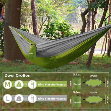 Ультралегкий гамак для подорожей Glymnis з підвісними тросами та сталевими карабінами, вантажопідйомність до 300 кг, зелено-сірий, 300x200 см