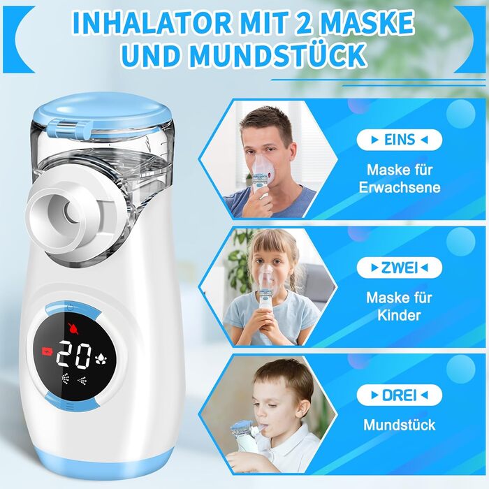 Цифровий інгалятор Wholeede, інгалятор для немовлят, дітей та дорослих, інгалятор-небулайзер зі зворотним відліком для небулайзерів, безшумний портативний інгалятор з 2-ма масками та мундштуком - синій