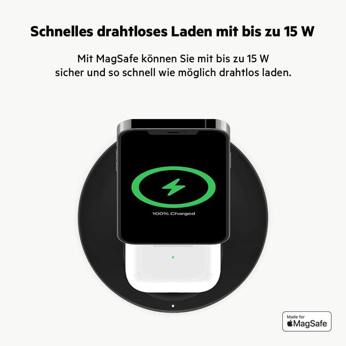 Бездротовий зарядний пристрій Belkin 2-в-1 з MagSafe, (15 Вт, зарядна підставка для iPhone для швидкої зарядки iPhone 14 серії, Ai