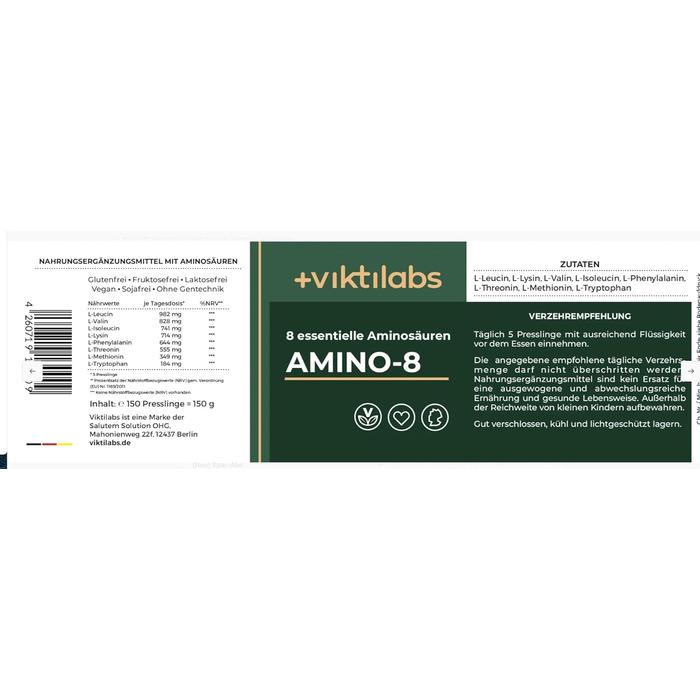 Високодозований амінокислотний комплекс VIKTILABS Amino 8, 150 таблеток, 998 мг, всі 8 незамінних амінокислот (L-триптофан, l-лізин тощо)